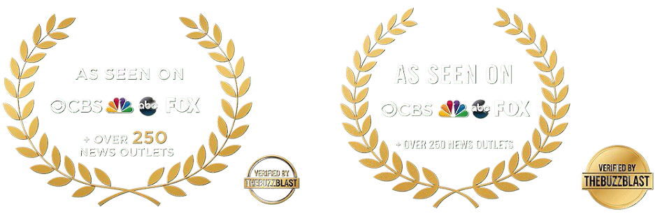 BuzzBlastPR promotional As Seen On badge with CBS, NBC, ABC and FOX marks and over 250 news outlets